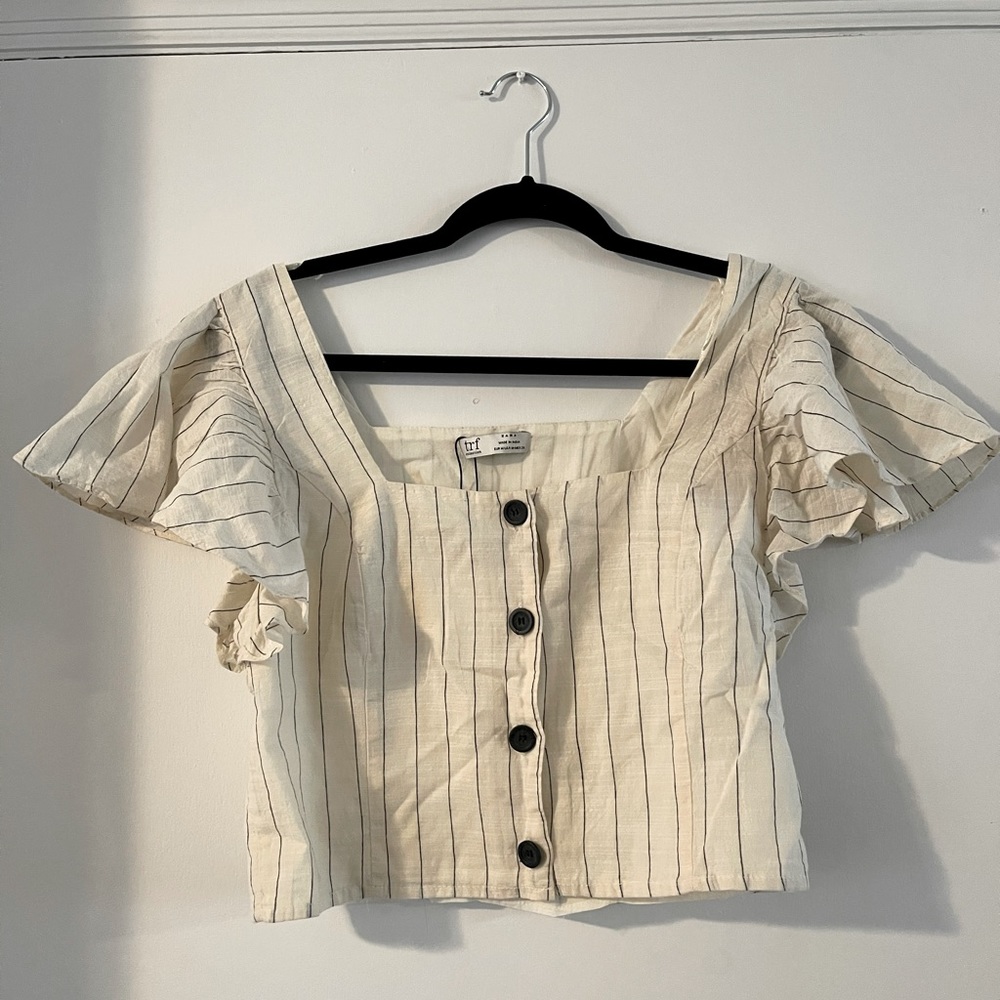 Zara TRF Stripe Flutter Sleeve Crop Top